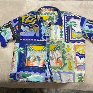 Anthropologie (Celandine) Colorful Graphic Button-Up Shirt with Beach Motif